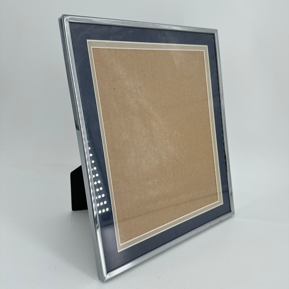 Burnes of Boston Chrome Metal Picture Frame Navy Blue Double Mat Tabletop